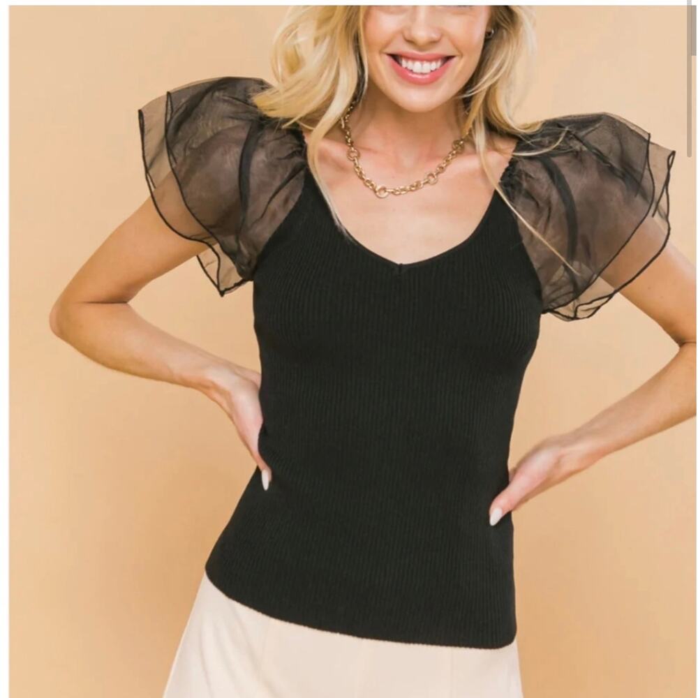 Jealous Tomato Women’s Large Knit Mesh Puff Sleeve Top Black
